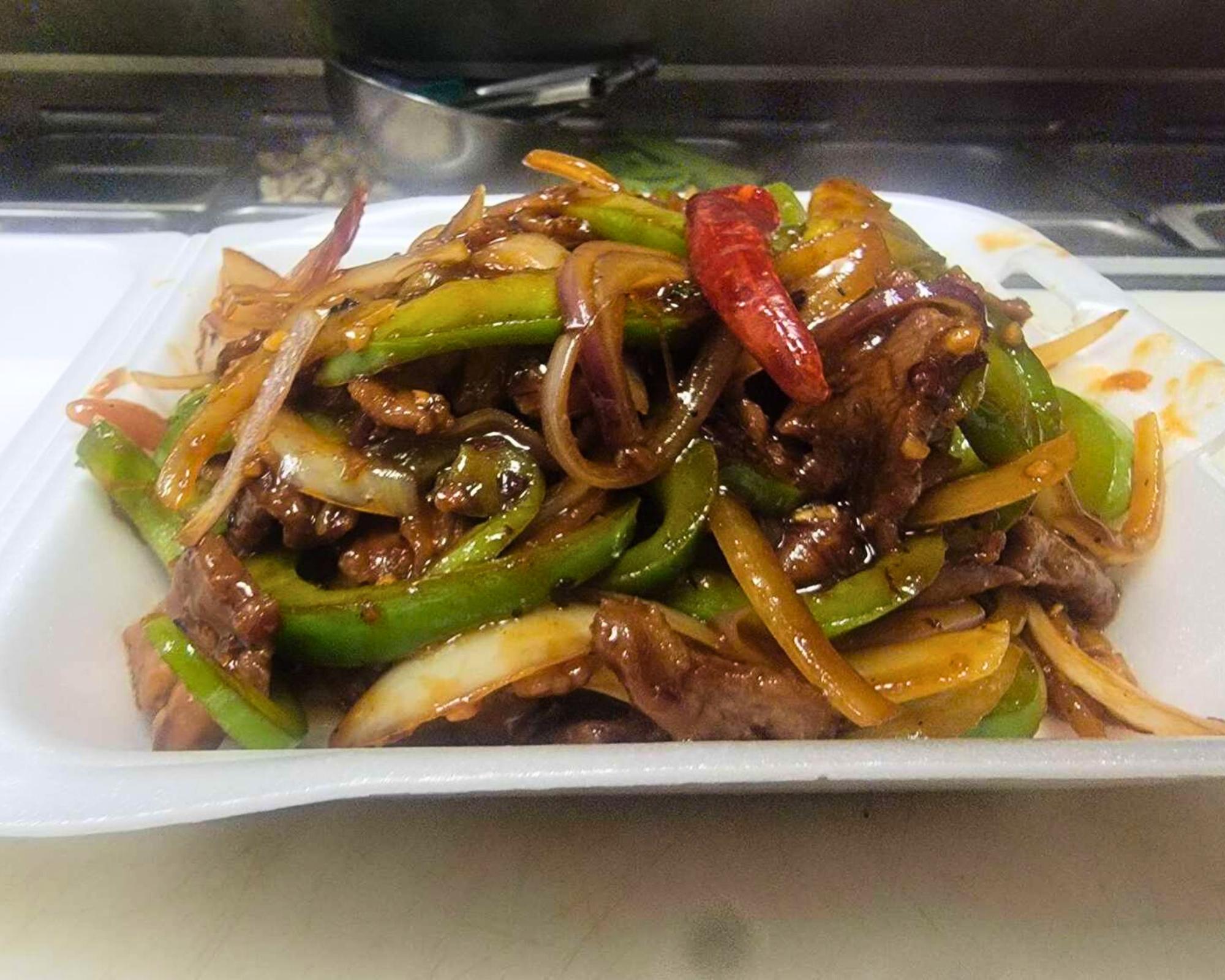Pepper steak with green peppers and onions at Gourmet Wok Chinese Food, a Chinese restaurant in Las Vegas.